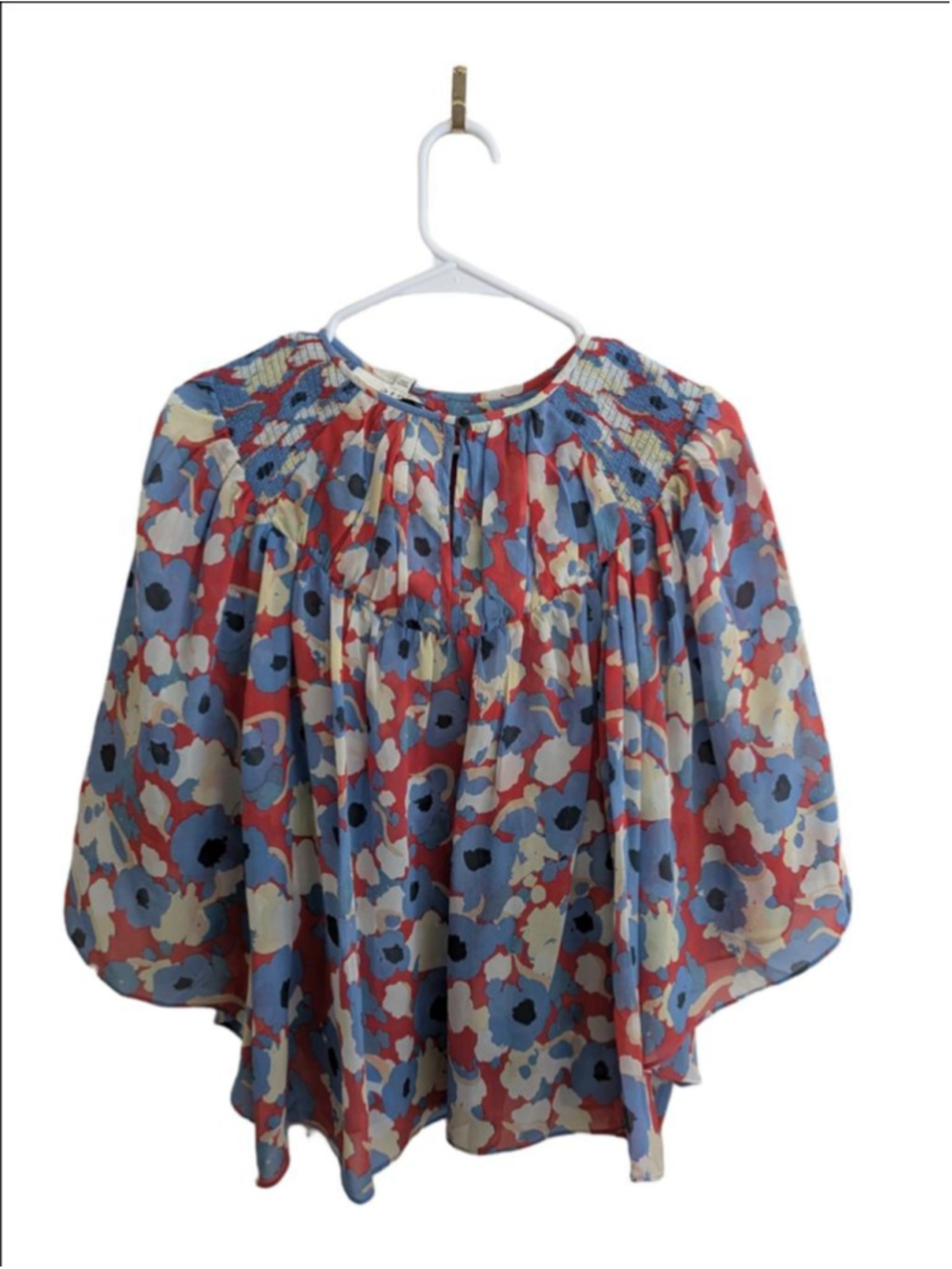 Joie 100% Silk Floral Peasant Blouse Size L Boho Balloon Sleeve Top - Picture 4 of 9
